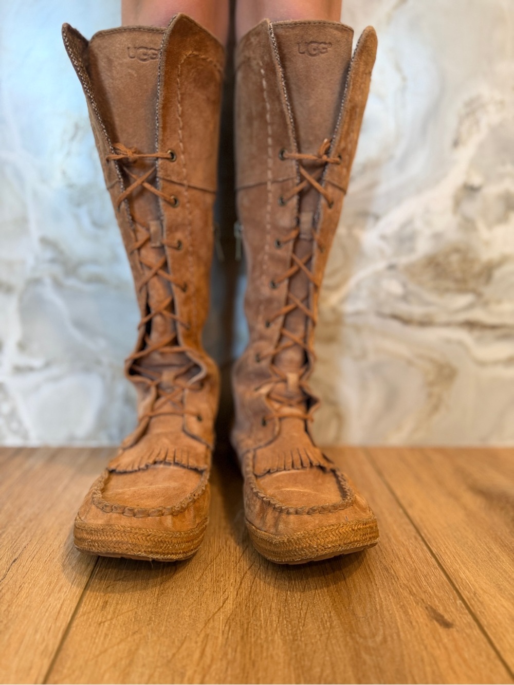 UGG Tan Suede Lace-Up Knee Boots with Fringe